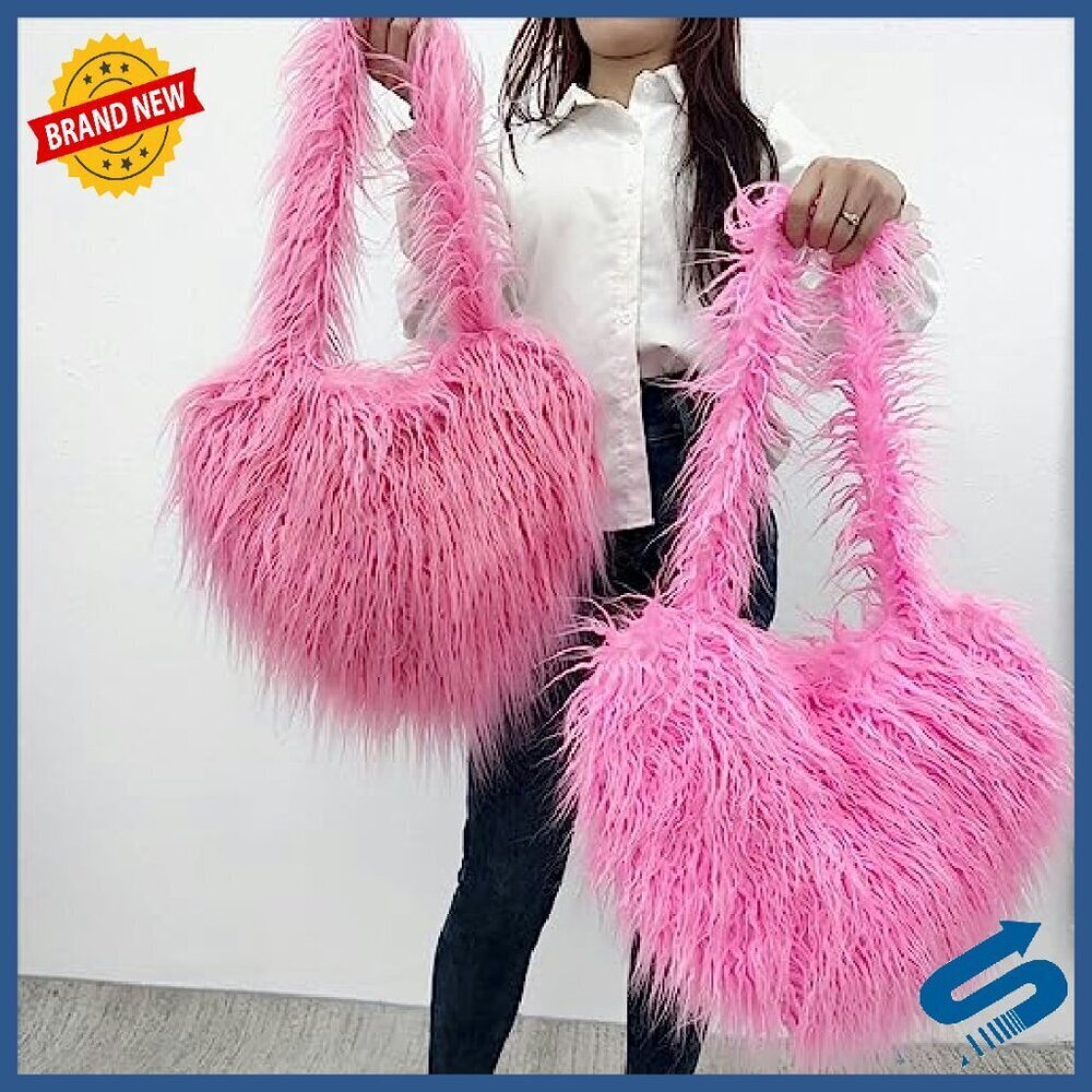 Faux Fur Fleece Shoulder Bag Crossbody Purse Retro Love Shape - Picture 6 of 8